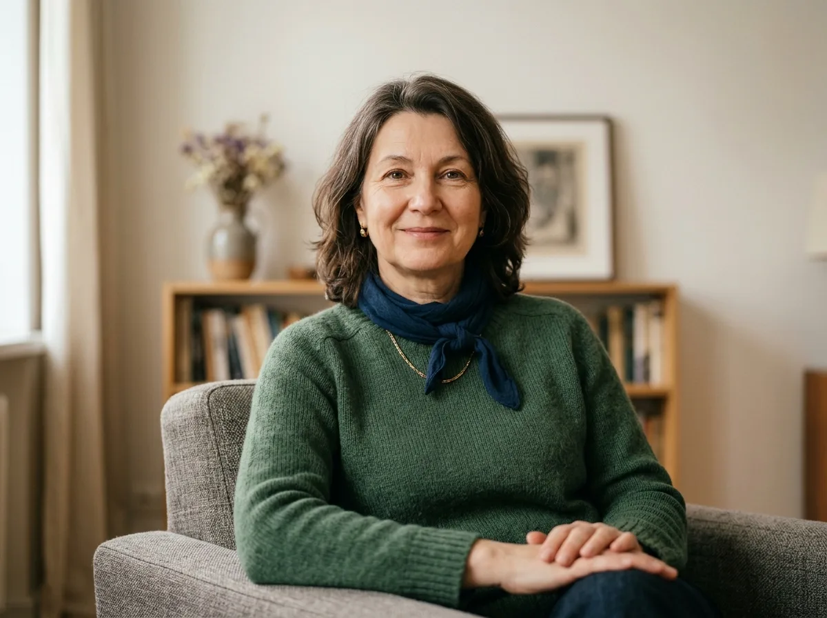 Женщина средних лет, Елена, жительница Москвы, довольная и спокойная, нейтральный фон