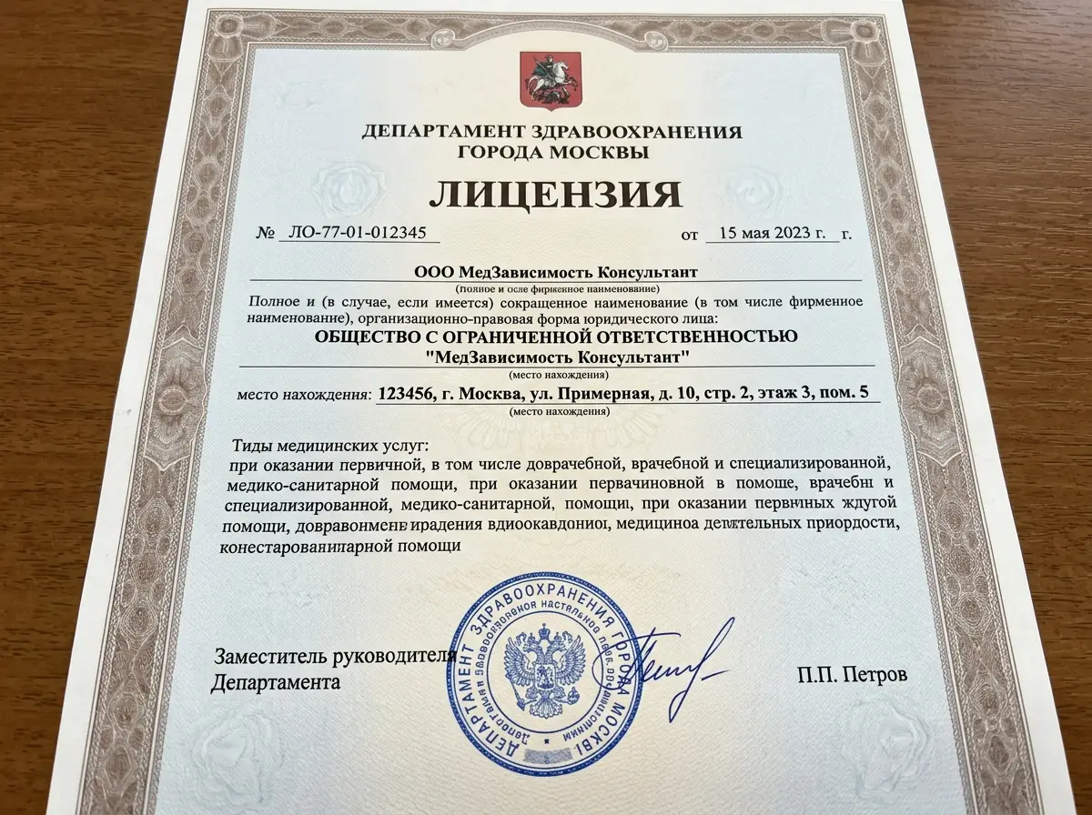 Лицензия на медицинскую деятельность ООО МедЗависимость Консультант, официальный документ с печатью Департамента здравоохранения Москвы