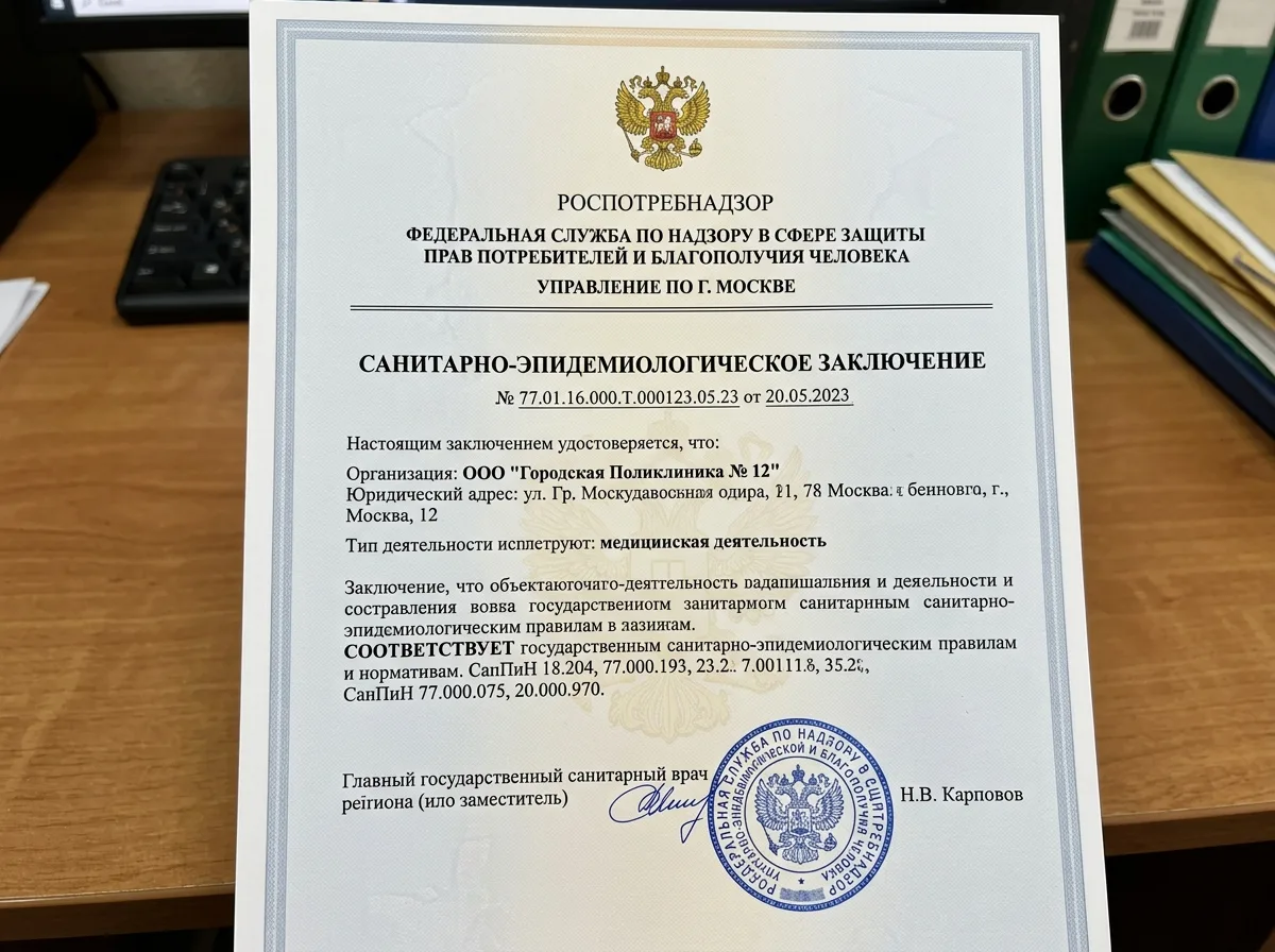 Санитарно-эпидемиологическое заключение клиники, документ Роспотребнадзора с гербом и официальной печатью