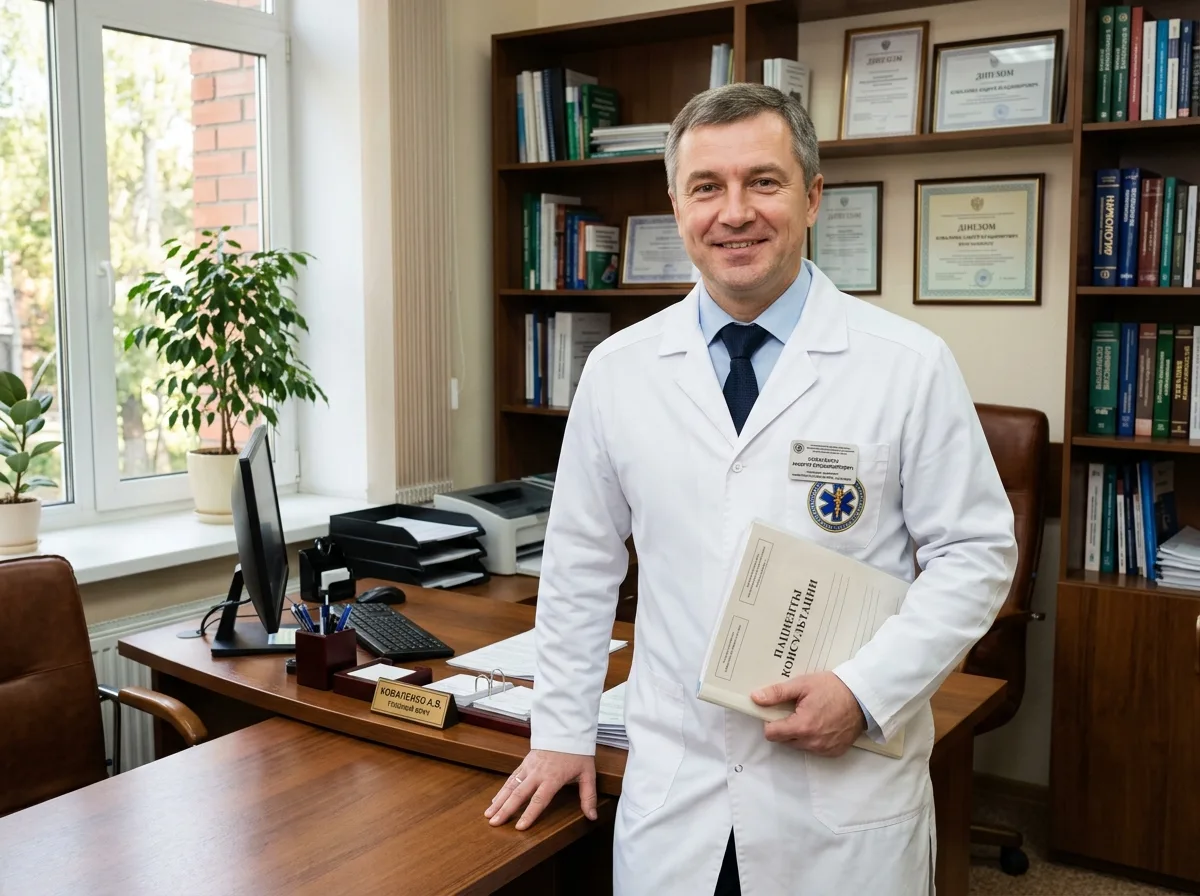 Главный врач-нарколог Коваленко Андрей Владимирович, мужчина 45 лет в белом халате, серьёзный и доброжелательный, кабинет клиники